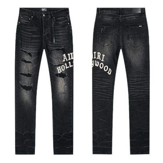 Black Washed Distressed Denim Jeans with AMIRI HOLLYWOOD Logo